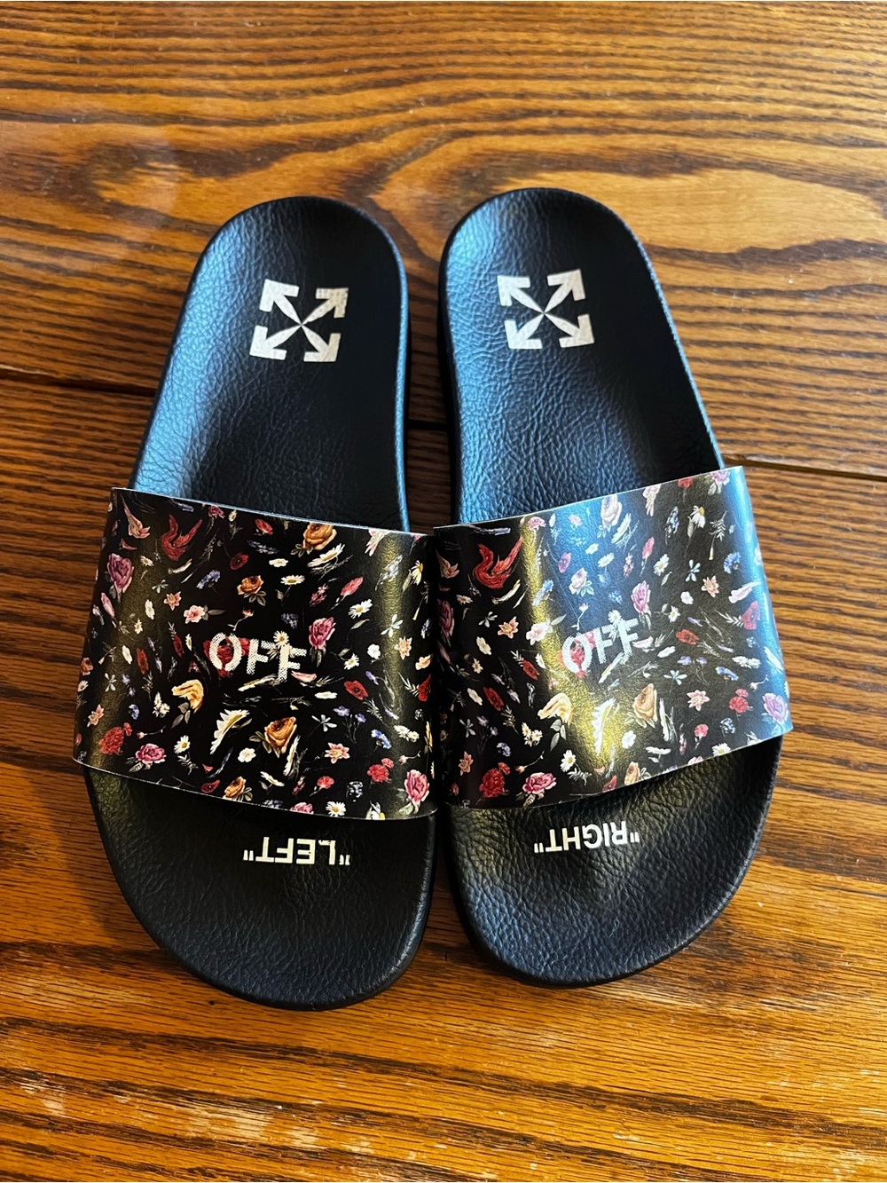 Off-White Woman's Black floral Summer Beach Vacation Logo Pool Slides Sz 40/10